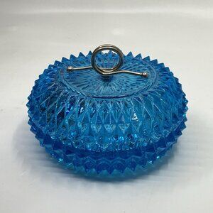 Indiana Glass Diamond Point Aqua Glass Powder Candy Dish With Lid Metal Handle